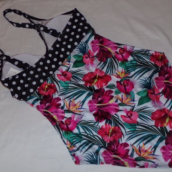 Selfiego One Piece Swimsuit High Hip Small Floral Polka Dots - Picture 2 of 2